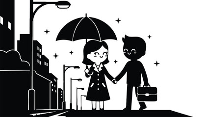 A cartoon illustration of a couple holding hands under an umbrella on a city street