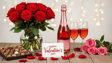 Romantic Valentine's Day setup with red roses, pink champagne, chocolates, and heart decorations on wooden table
