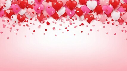 Floating Red and Pink Heart Balloons with Confetti on Soft Pink Background for Valentine's Day Celebration