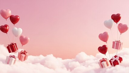 Floating heart balloons and gift boxes in soft pink snowy Valentine's Day background