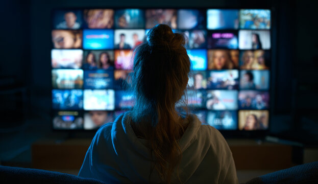 Woman sitting on sofa at home watching television with multiple screens displaying diverse video call participants or media content
