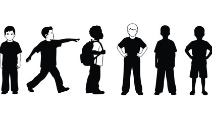 A group of seven boys in different poses on a white background