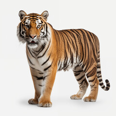 Obraz premium Majestic Bengal Tiger Isolated on White Background. Full Body Studio Portrait of a Powerful Wild Animal.