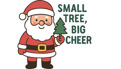 A cheerful cartoon Santa Claus holding a small Christmas tree with a joyful expression
