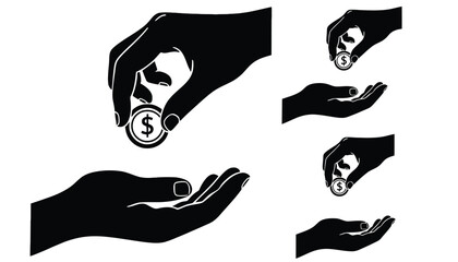 A hand giving and receiving money in a simple black and white illustration