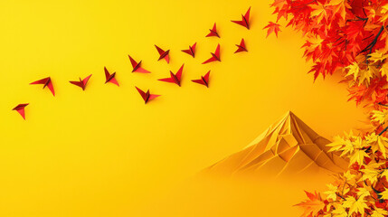 Vibrant Yellow Background with Paper Cranes and Autumn Leaves Aesthetic