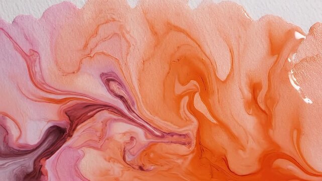 Vibrant abstract background with liquid colors softly swirling and blending. Warm orange, pink, and purple hues create organic patterns and smooth gradients on a textured surface. Ideal for artistic p