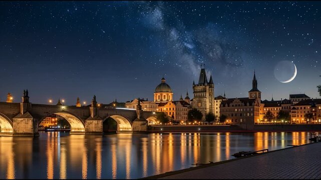 Cityscape at night illuminated buildings and structures beside water
