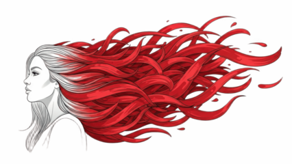 Side Profile of Woman with Long Flowing Red Hair Transforming into Abstract Ribbons, Dynamic Artistic Illustration Symbolizing Freedom, Passion, Motion, Fantasy and Powerful Feminine Creative Energy

