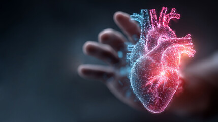 Human hand reaching toward a glowing, anatomically correct digital heart visualization. Ideal for cardiology research, healthcare technology, emotional wellness, or humanitarian tech blogs.