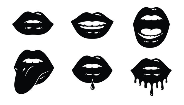 A set of black and white illustrations of lips in different expressions