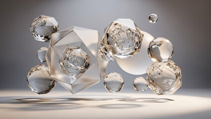 A collection of transparent and reflective geometric shapes, including spheres and faceted crystals, floating in a minimalist, well-lit environment with soft shadows.