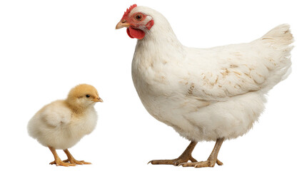 Fototapeta premium Hen with chick. White chicken and tiny yellow baby bird