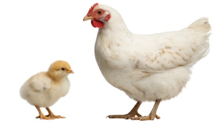 Hen with chick. White chicken and tiny yellow baby bird