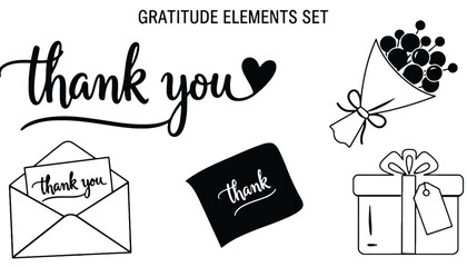 A set of gratitude elements including thank you cards and gifts