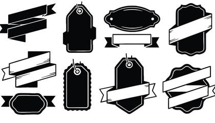 A collection of various black and white label and tag icons for design