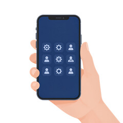 Hand holding smartphone with settings interface on screen.