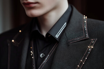 Young Asian Male Wearing Black Suit With Sparkling Details Standing In Dark Studio Setting