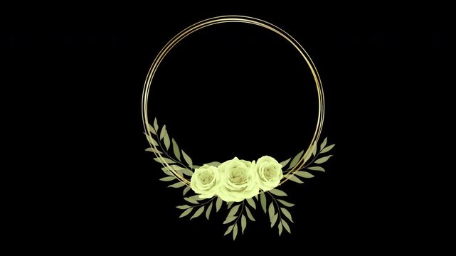 Circular gold wedding ring frame animation with white roses and foliage on black background