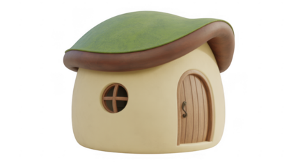Small yellow house with green mushroom roof and brown door isolated on a transparent background