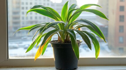 A wilting houseplant with dry yellowing leaves sits in a pot on a dusty windowsill receiving sunlight