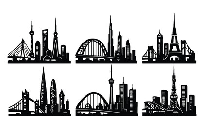 A set of modern city skylines with iconic architecture in black silhouette