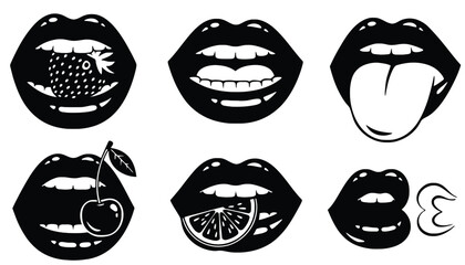 A set of black and white illustrations of lips with various objects in them