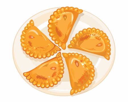 A colorful plate featuring five golden crescent shaped empanadas