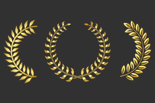 Golden laurel wreaths arranged in a semi circle on a dark background