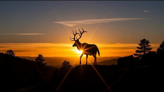Deer silhouette against sunset majestic wildlife landscape at dusk