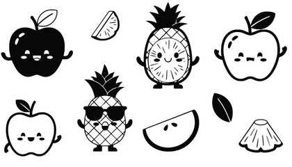 A playful black and white illustration of cartoon fruits with smiling faces