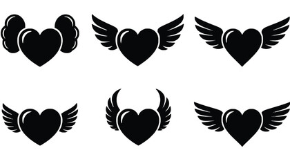 A collection of heart and wing icons in black on a white background