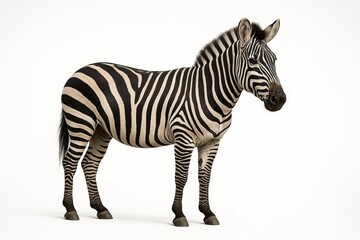 Obraz premium A zebra stands against a white background, its distinctive black and white stripes clearly visible.