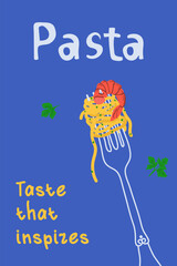 Italian pasta. Minimalistic vintage illustration of pasta on a fork. Taste that inspires. Italian sketch.
