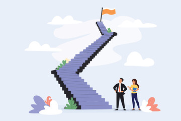 Obraz premium Reaching the Summit: Two individuals, embodying ambition and collaboration, stand before a towering staircase that leads to a flag atop, symbolizing aspirations, progress.