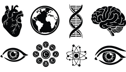 A collection of black and white icons representing science and human body
