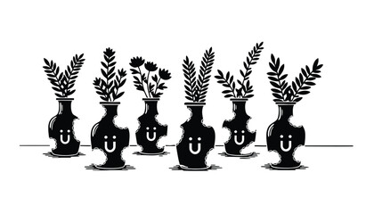 A black and white illustration of six vases with plants and smiley faces