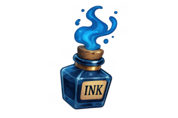 Blue magic ink bottle illustration with rising smoke fantasy