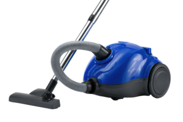 Blue vacuum cleaner, chrome wand, gray hose