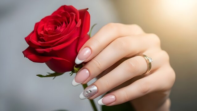 Womans hand with manicured nails holding a red rose romantically. - Powered by Adobe