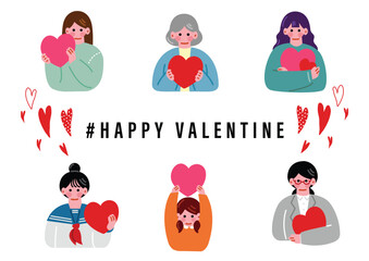 ハートを抱える女性のイラストセット