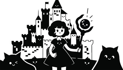 A cartoon girl stands in front of a castle with her cats and magic wand