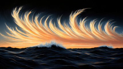 Vibrant Sunset Over Ocean Waves with Dramatic Cloud Colors