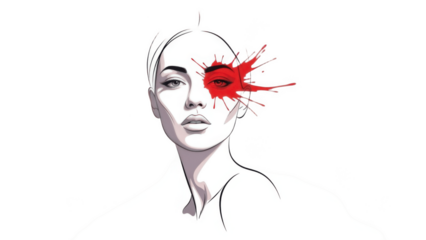 Dramatic Fashion Illustration of Woman with Monochrome Face and Bold Red Paint Splash across Eye, Avant-Garde Artistic Beauty Concept for Editorial Design, Creative Makeup and Emotional Expression

