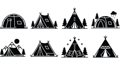 A collection of black and white illustrations of tents and camping gear