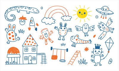 A charming collection of colorful doodle illustrations featuring animals, objects, and nature elements in a whimsical style