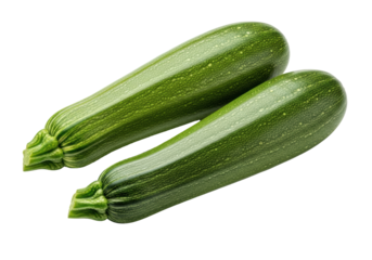 Two fresh, vibrant green zucchinis with speckled skin and intact stems, lying parallel on a pristine seamless transparent background with copy space, clean minimalist concept of healthy eating