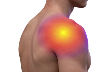 Man with glowing shoulder indicating heat or pain.