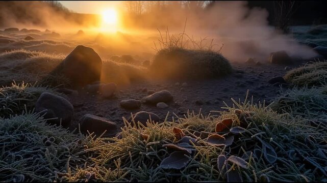 Dramatic sunrise illuminates landscape with fog and textured terrain