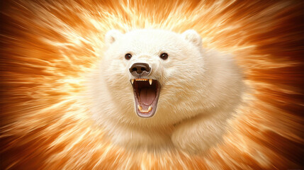 Fierce Polar Bear Roaring with Intense Energy Against a Fiery Background